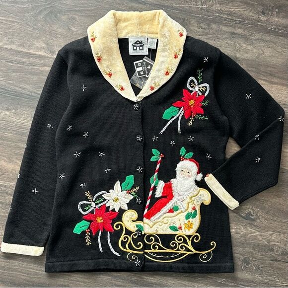 NWT Storybook Knits Christmas Greetings Sweater Cardigan Santa Poinsettia Medium - Picture 1 of 11